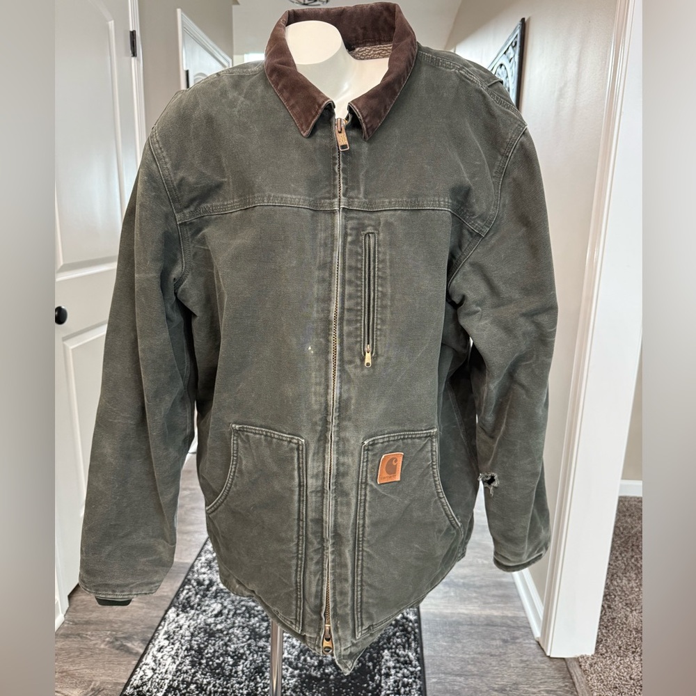 VTG C61 Moss Carhartt Sherpa lined Distressed Work Canvas Jacket Sz Large Tall